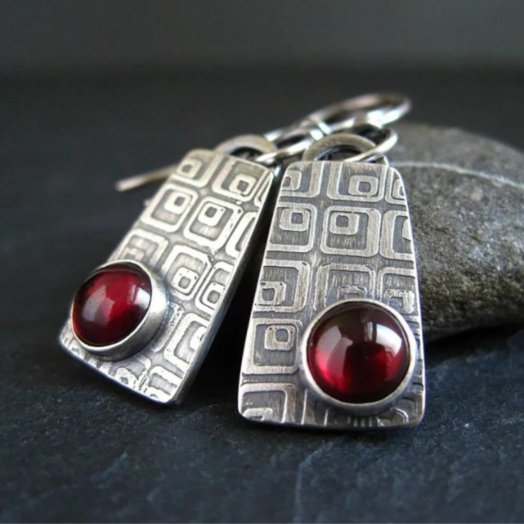 Women's Dangle Earrings - Geometric Silver Tone - Trapezoid Shape with Gemstone