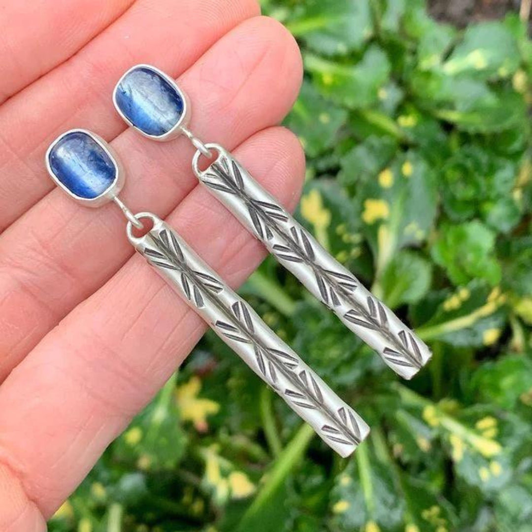 Women's Dangle Earrings - Gemstone Cabochon - Engraved Metal Drop Design