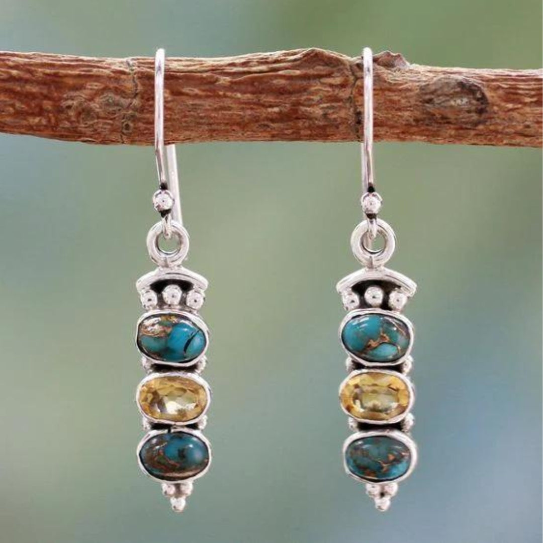 Women’s Dangle Earrings - Semiprecious Oval Stones - Bohemian Handmade Design