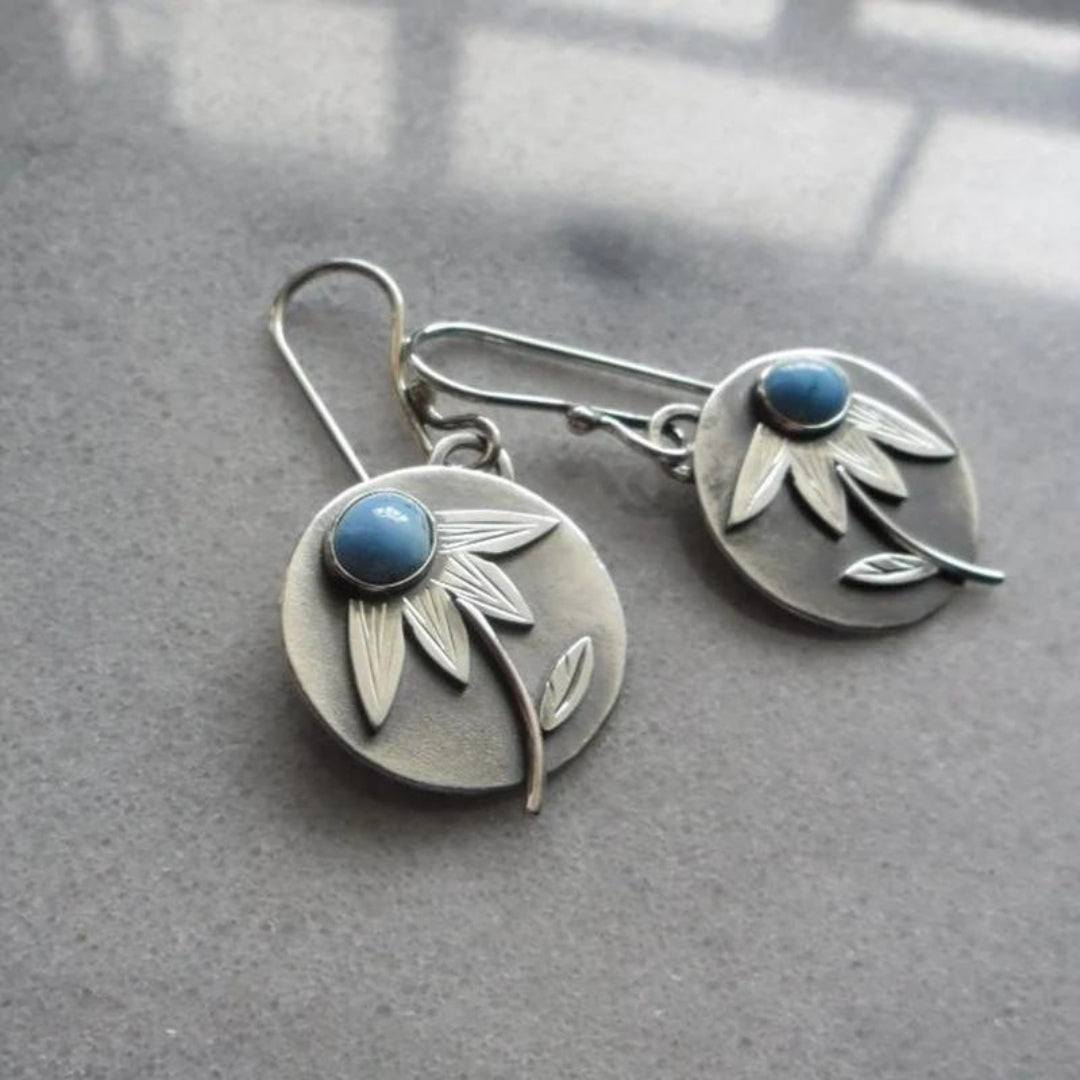 Women's Drop Earrings - Floral Design - Cabochon Stone - Elegant Hook Style