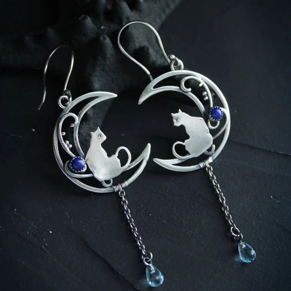 Women's Crescent Moon Cat Earrings - Elegant Dangle with Teardrop Gem