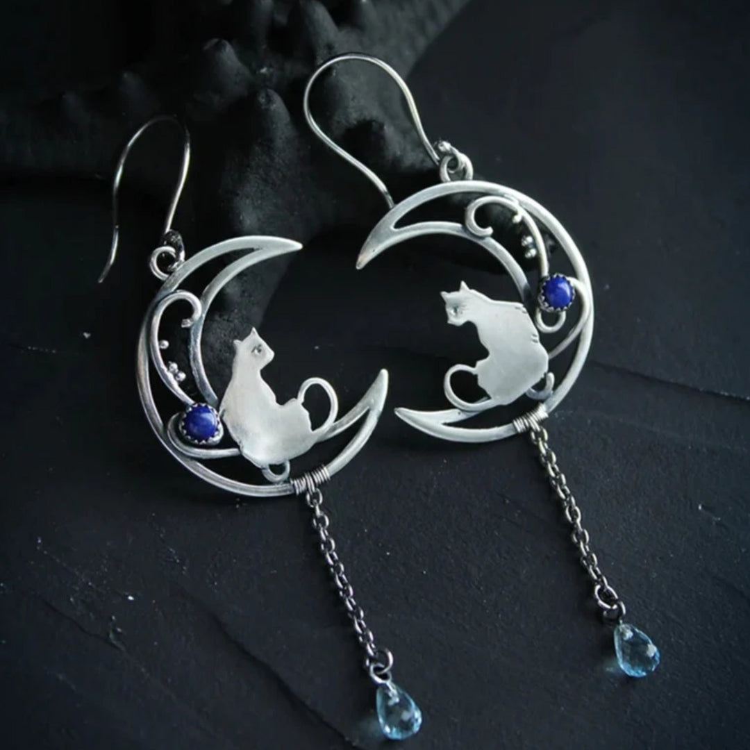 Women's Crescent Moon Cat Earrings - Elegant Dangle with Teardrop Gem