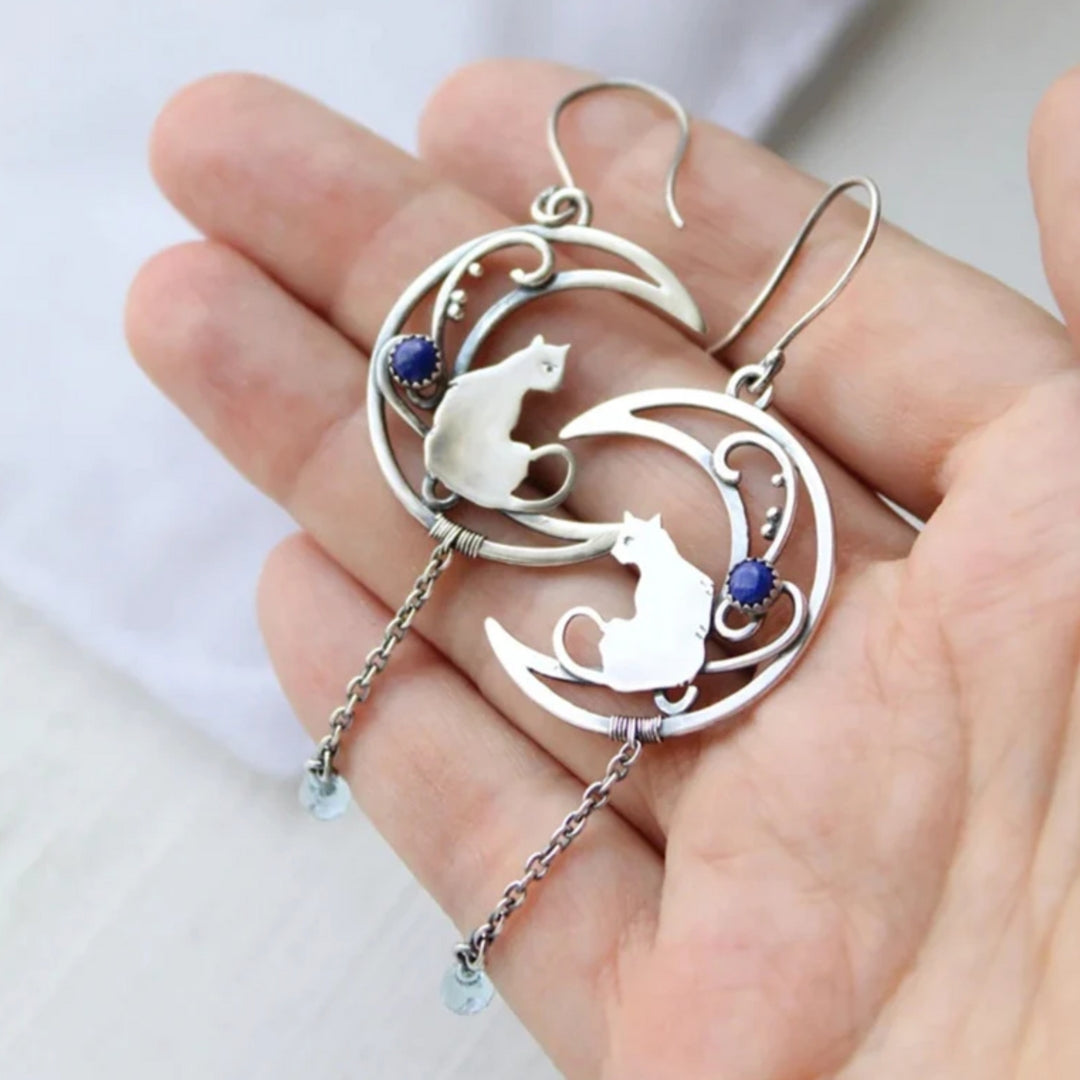 Women's Crescent Moon Cat Earrings - Elegant Dangle with Teardrop Gem