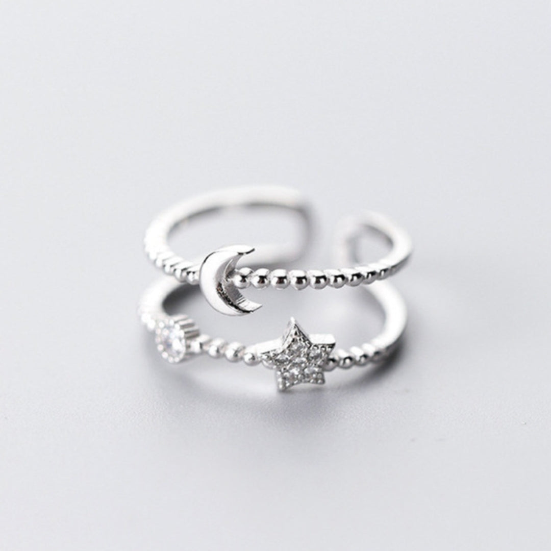 Women's Adjustable Ring - Double Band Celestial Design - Moon and Star with Gemstones
