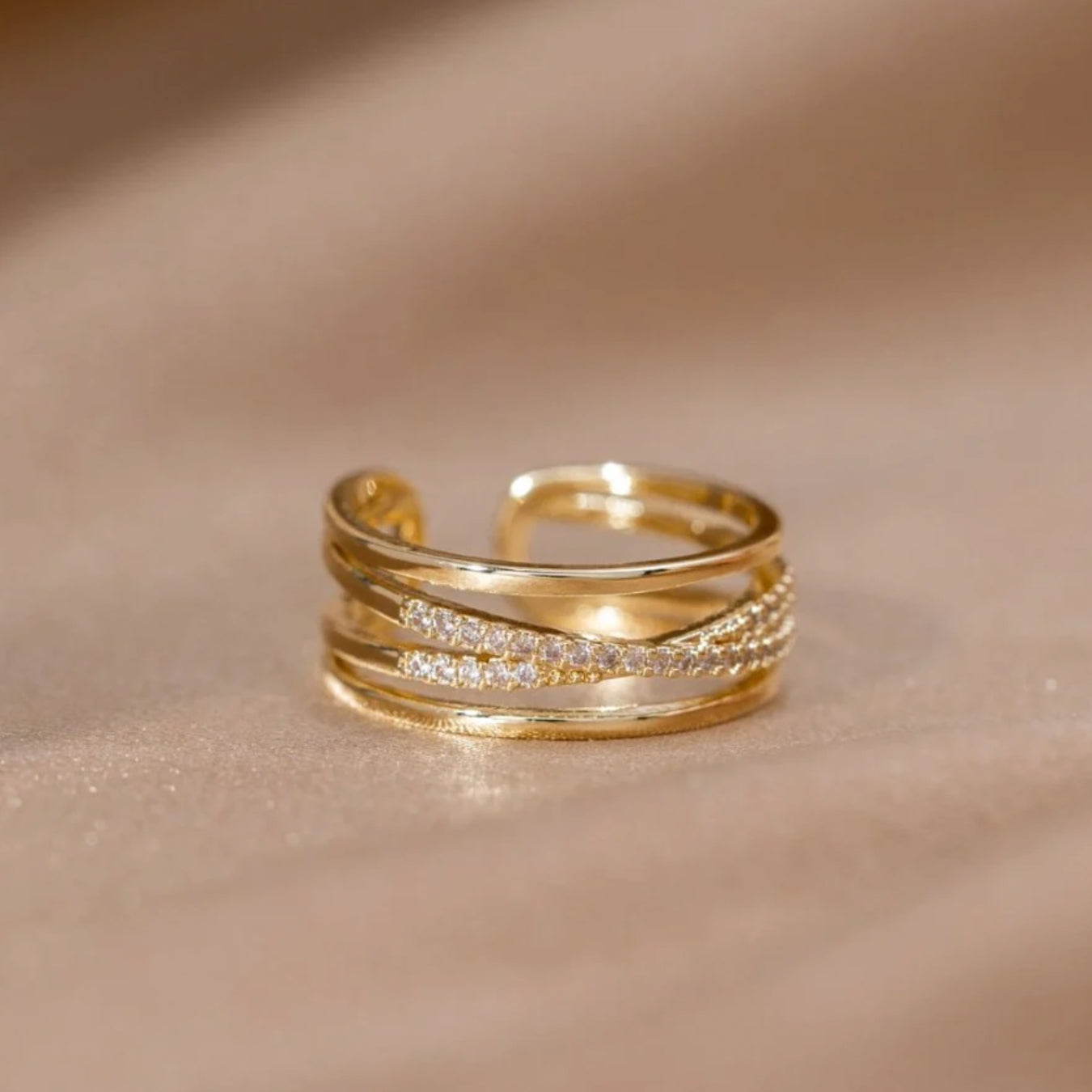 Women’s Open Band Ring - Layered Interwoven Design - Sparkling Stone Accents