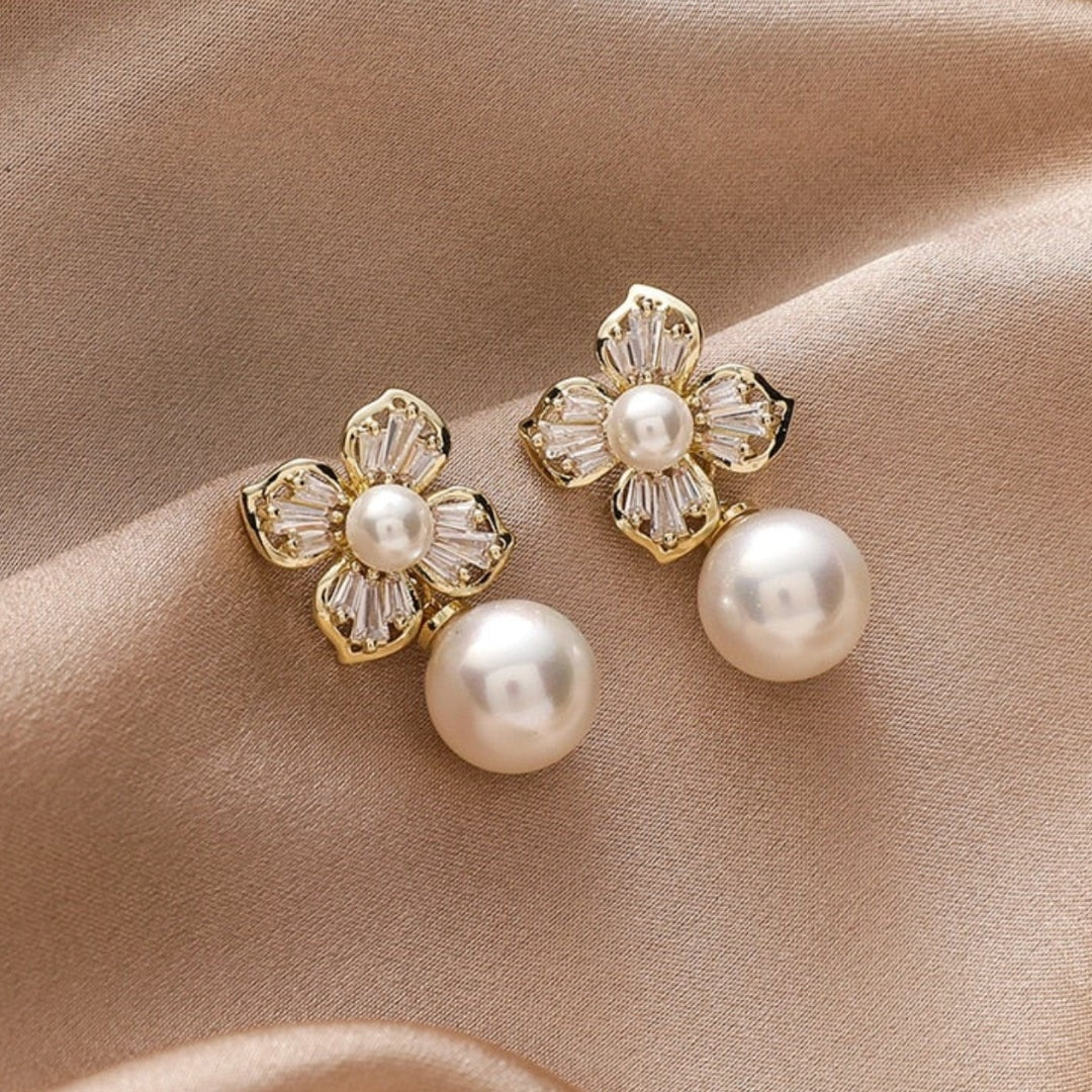 Women’s Drop Earrings - Floral Design - Faux Pearl & Crystal Accents - Elegant Style