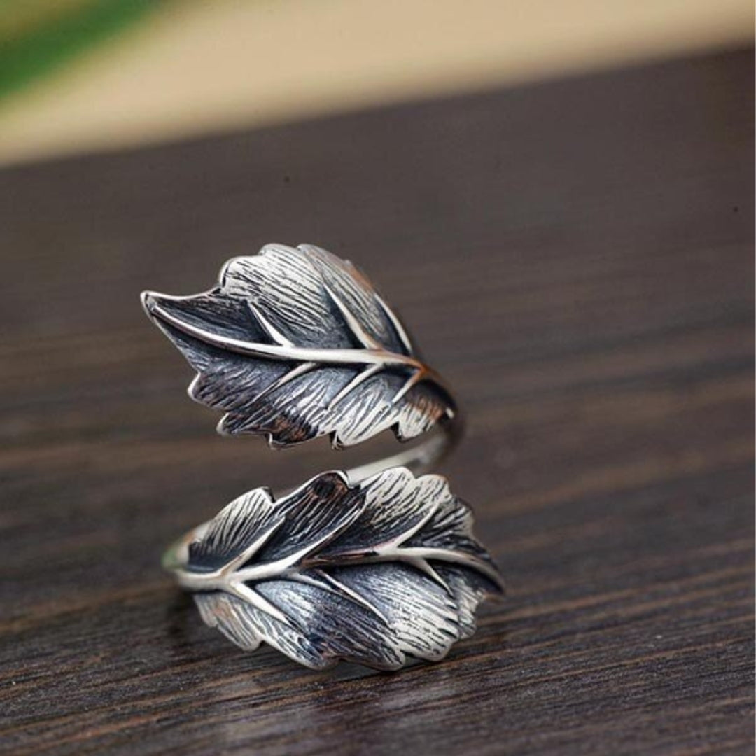 Women's Leaf Ring - Adjustable Open Design - Nature-Inspired Textured Metal