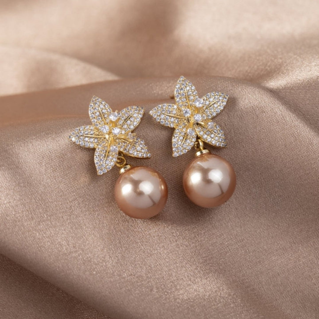 Women’s Drop Earrings - Floral Design - Sparkling Stones - Elegant Dangle Style