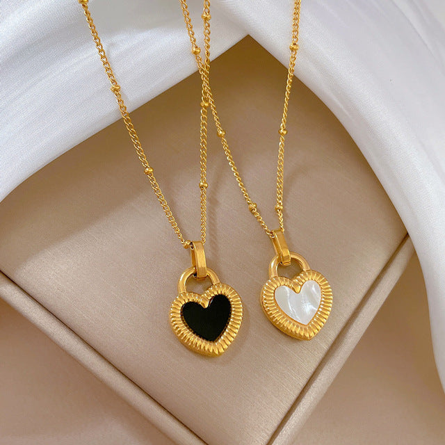 Women's Heart Pendant Necklace - Elegant Textured Border - Polished Metal Chain