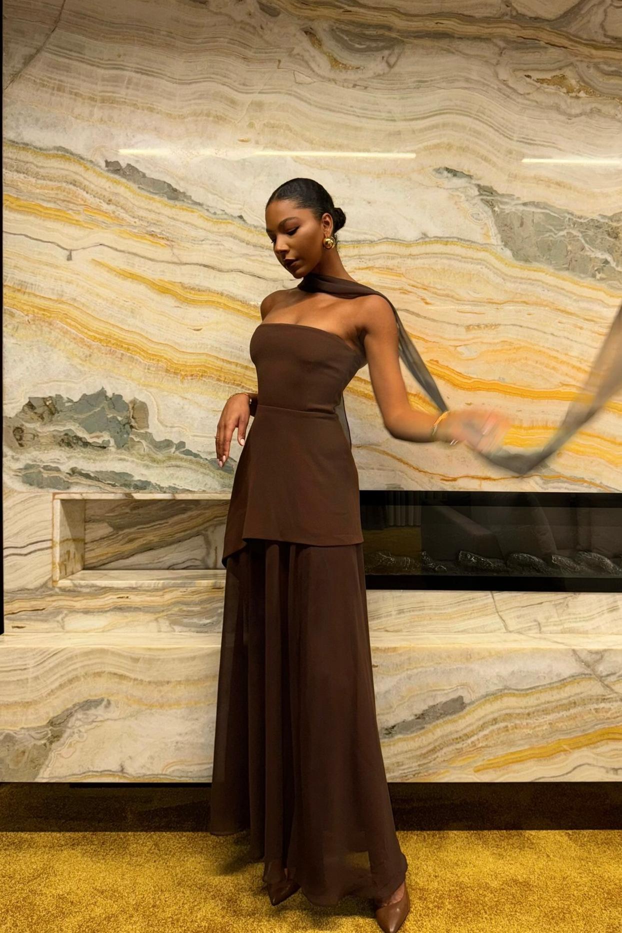 Strapless Halter Tie-Back Maxi Dress with Flowing Ribbons