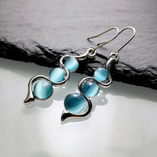 Women's Dangle Earrings - Wave Design - Glossy Gemstone Accents - Hook Fastening