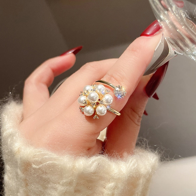 Women's Pearl Ring - Elegant Floral Design - Cubic Zirconia Accents - Adjustable Fit