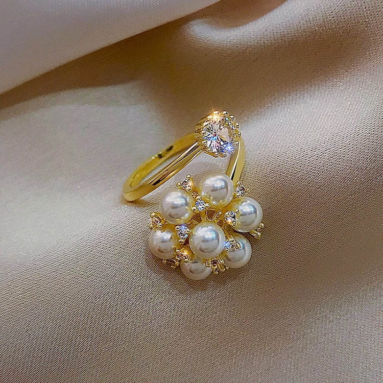 Women's Pearl Ring - Elegant Floral Design - Cubic Zirconia Accents - Adjustable Fit