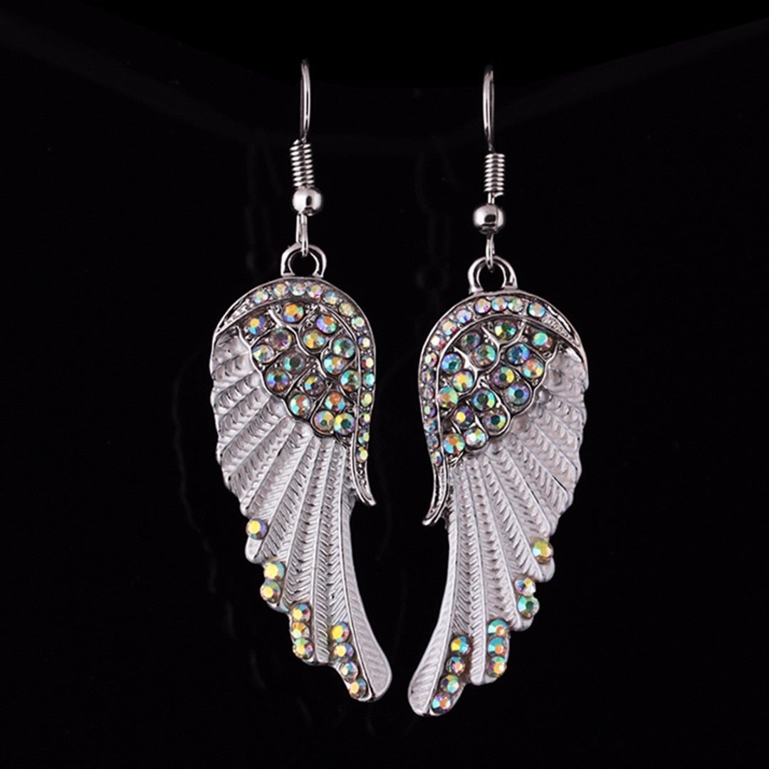 Women's Dangle Earrings - Angel Wing Design - Crystal Embellished - Feather Texture