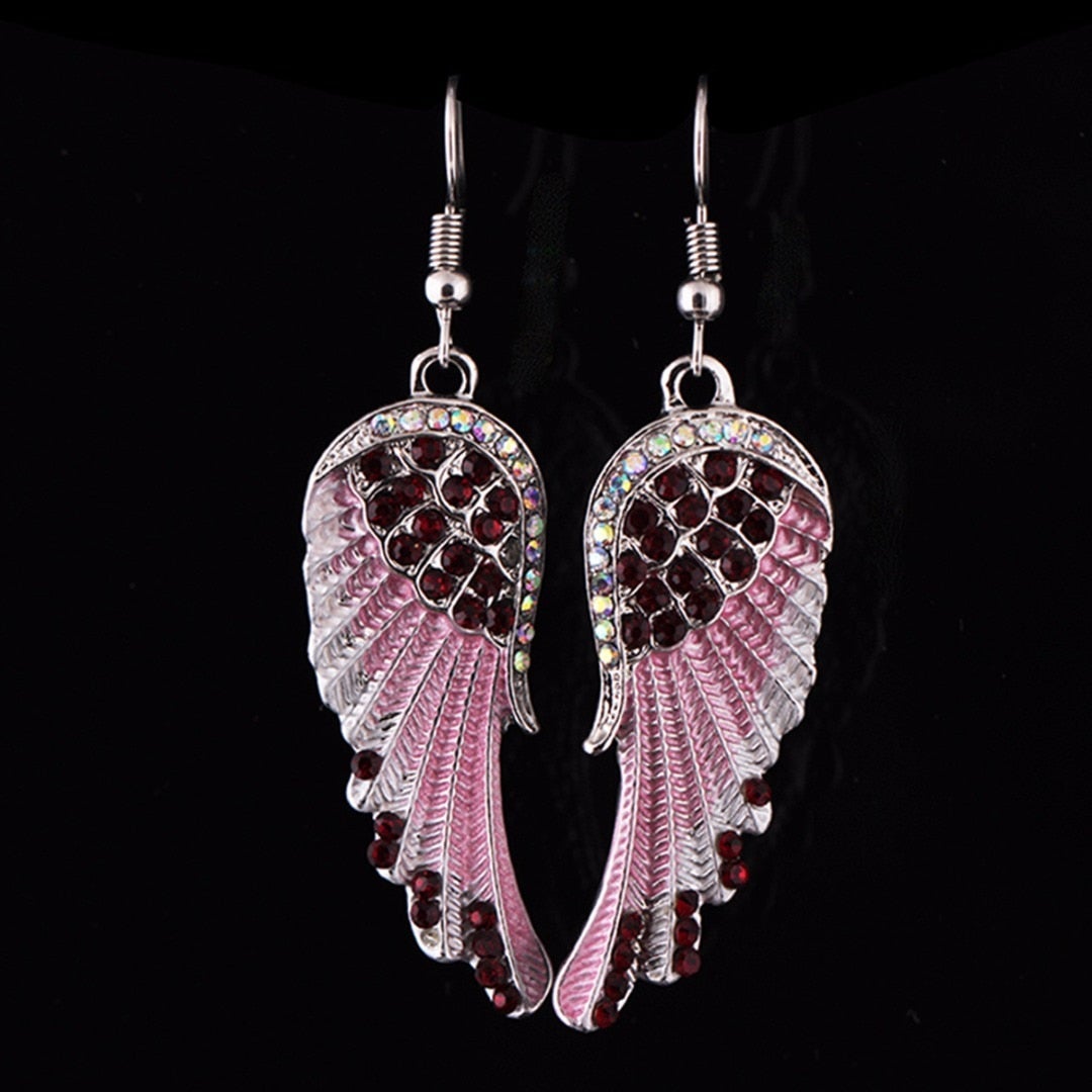 Women's Dangle Earrings - Angel Wing Design - Crystal Embellished - Feather Texture