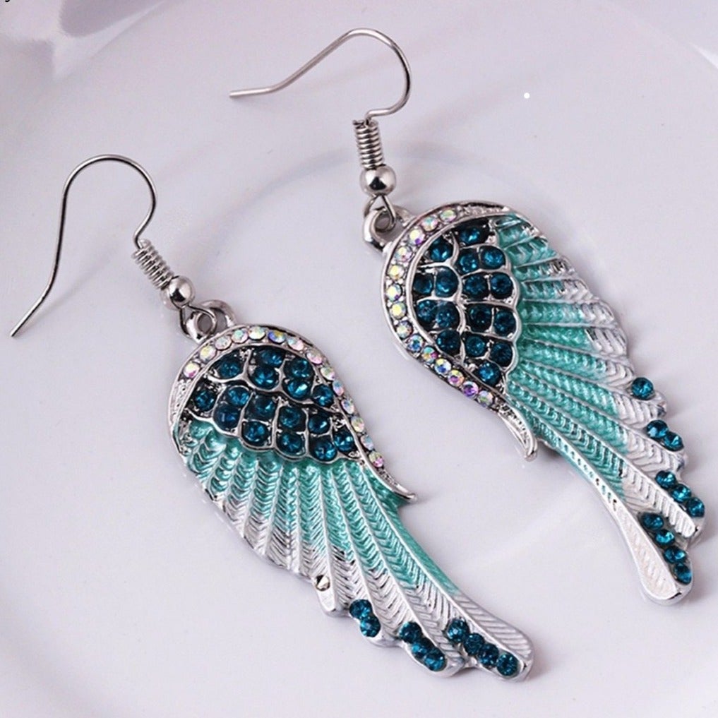 Women's Dangle Earrings - Angel Wing Design - Crystal Embellished - Feather Texture