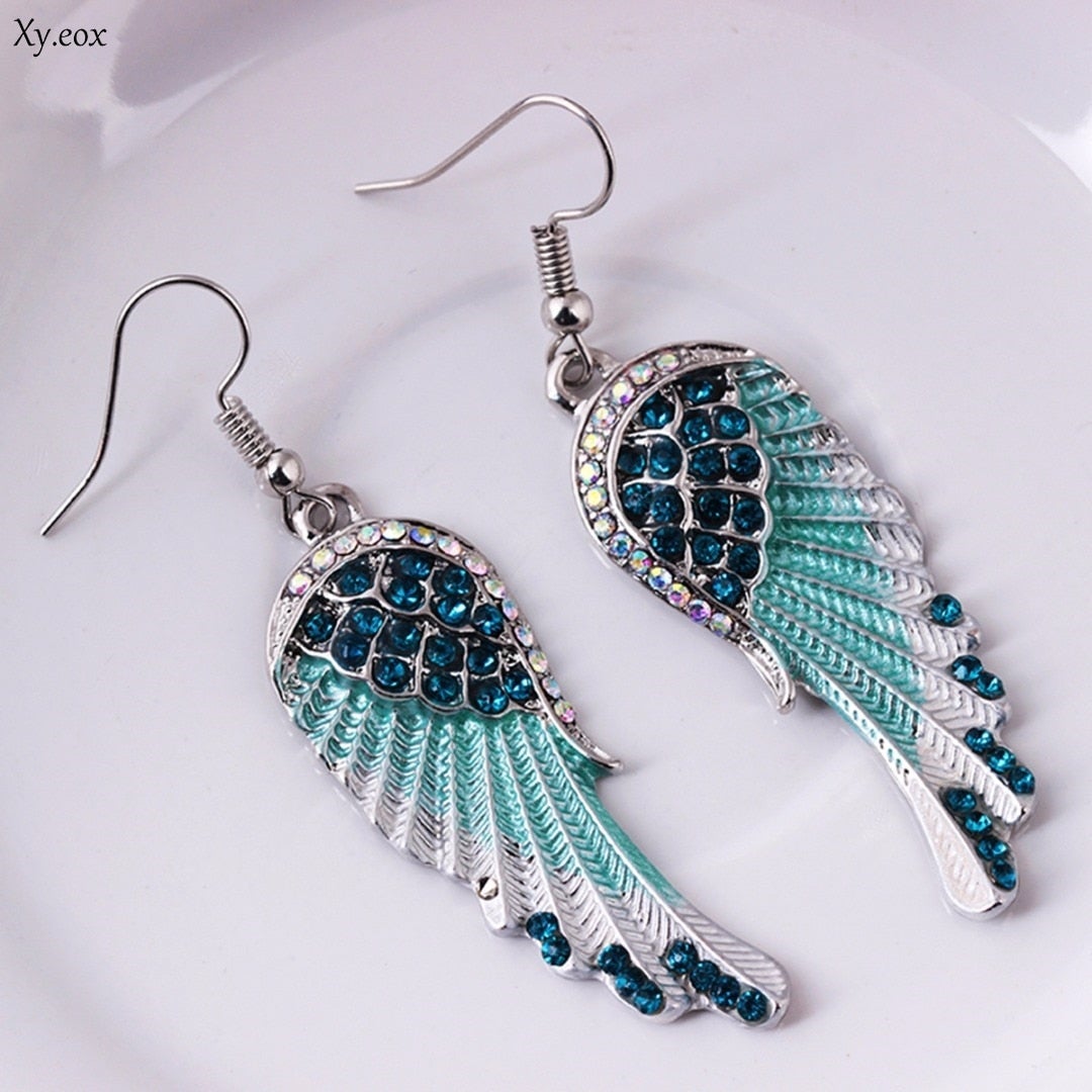 Women's Dangle Earrings - Angel Wing Design - Crystal Embellished - Feather Texture