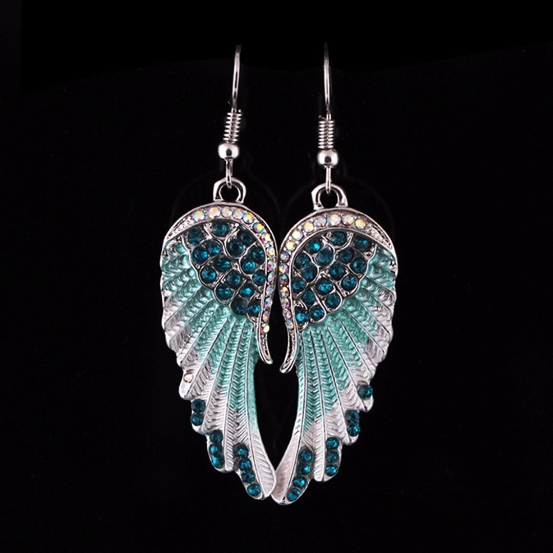 Women's Dangle Earrings - Angel Wing Design - Crystal Embellished - Feather Texture