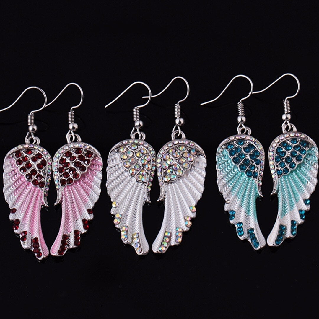 Women's Dangle Earrings - Angel Wing Design - Crystal Embellished - Feather Texture