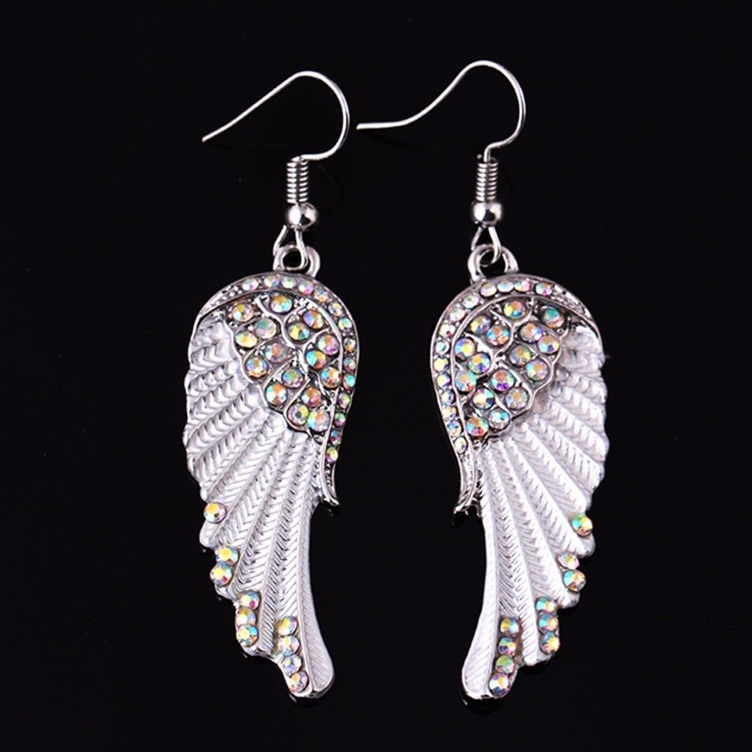Women's Dangle Earrings - Angel Wing Design - Crystal Embellished - Feather Texture
