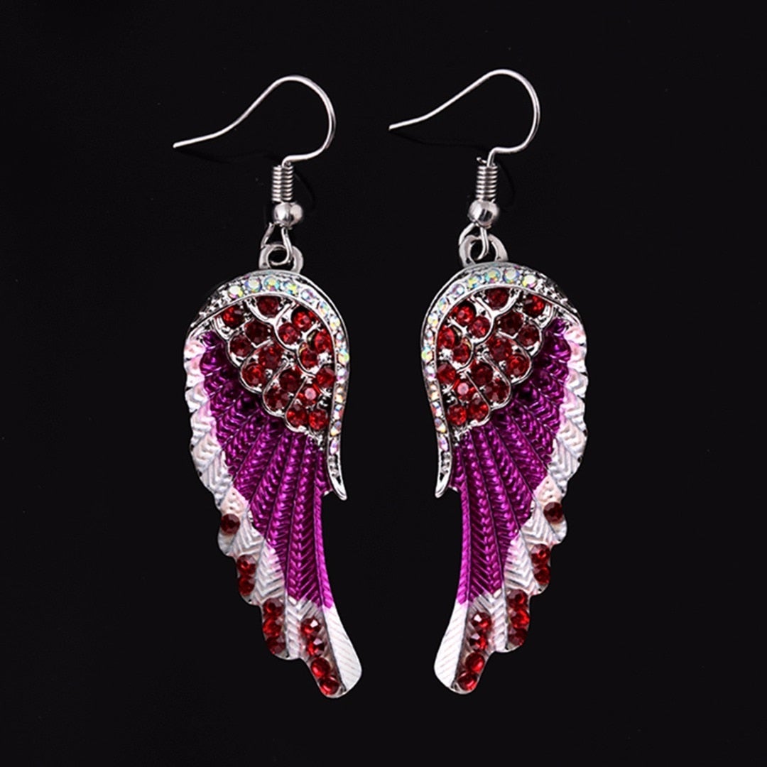 Women's Dangle Earrings - Angel Wing Design - Crystal Embellished - Feather Texture