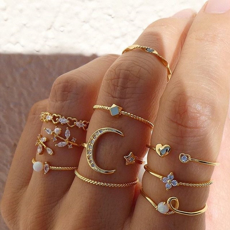 Women's Stackable Ring Set – Gold Plated – Boho Minimalist Design – 10 Pieces