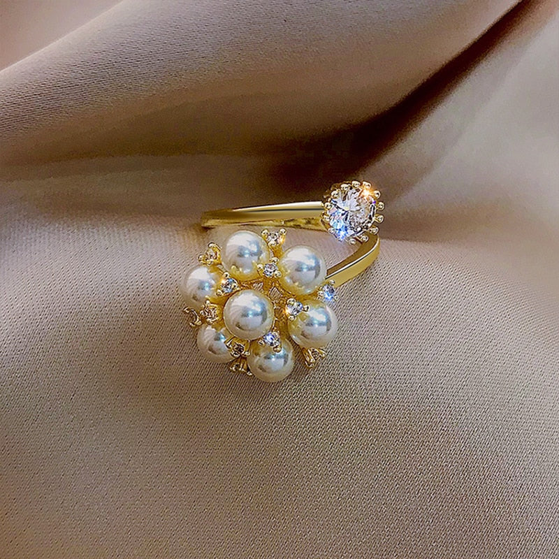 Women's Pearl Ring - Elegant Floral Design - Cubic Zirconia Accents - Adjustable Fit