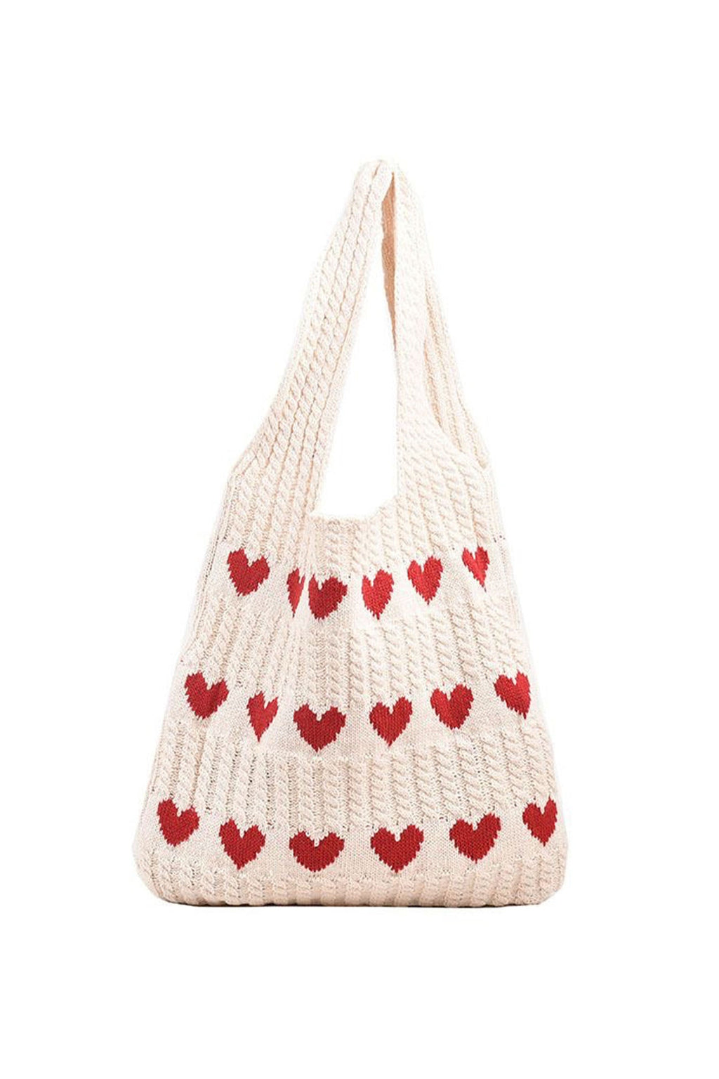 Women's Knitted Tote Bag - Heart Pattern - Handmade Casual Shoulder Bag