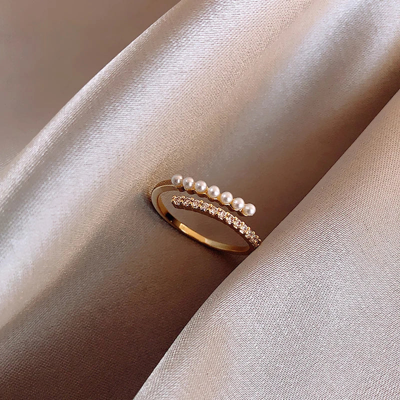 Women's Adjustable Ring - Pearl & Stone Accent - Elegant Layered Design