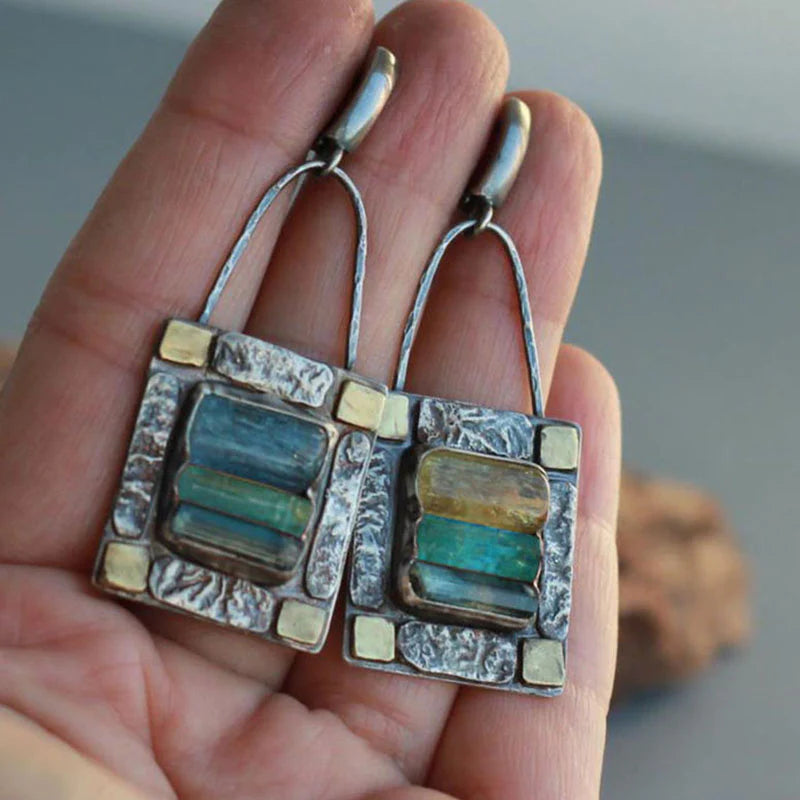Women's Dangle Earrings - Textured Metal Frame - Bohemian Artisan Design - Stone Accents