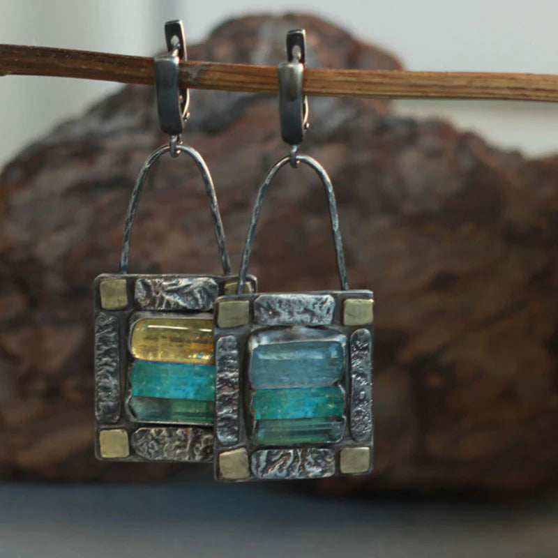 Women's Dangle Earrings - Textured Metal Frame - Bohemian Artisan Design - Stone Accents