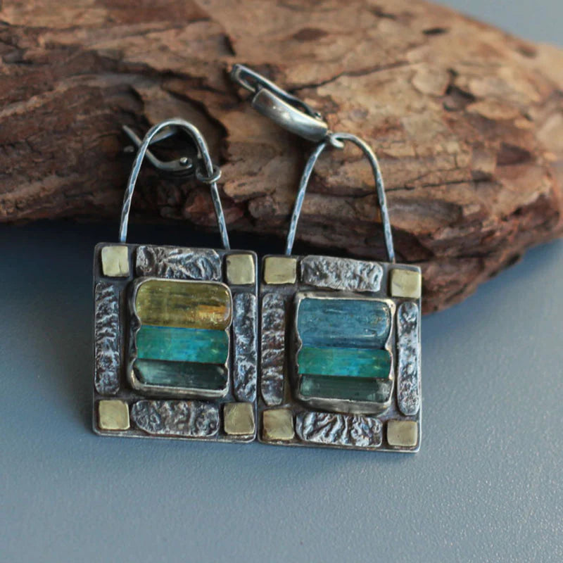 Women's Dangle Earrings - Textured Metal Frame - Bohemian Artisan Design - Stone Accents