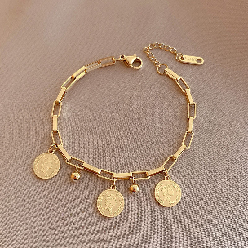 Women's Chain Bracelet - Adjustable Link Design - Vintage Coin Charms