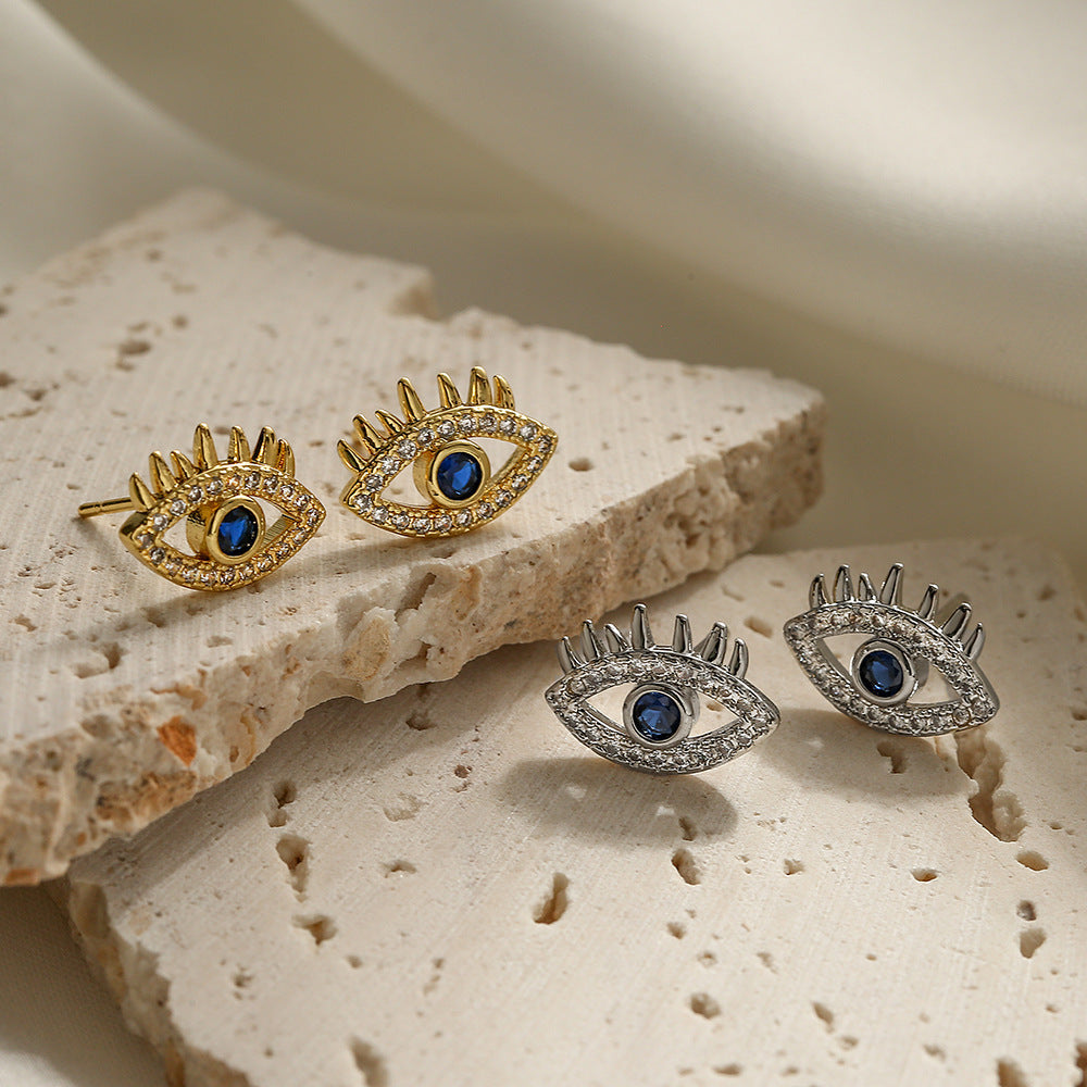 Women’s Eye Stud Earrings – Crystal Embellished – Artistic Lash Design – Statement Jewelry