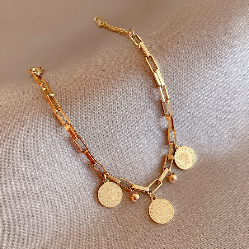 Women's Chain Bracelet - Adjustable Link Design - Vintage Coin Charms