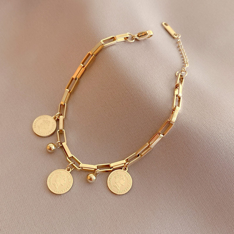 Women's Chain Bracelet - Adjustable Link Design - Vintage Coin Charms