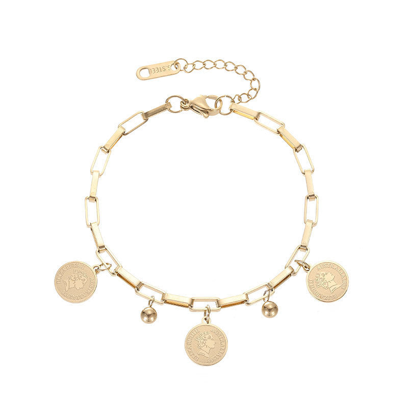 Women's Chain Bracelet - Adjustable Link Design - Vintage Coin Charms