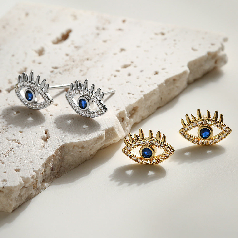 Women’s Eye Stud Earrings – Crystal Embellished – Artistic Lash Design – Statement Jewelry