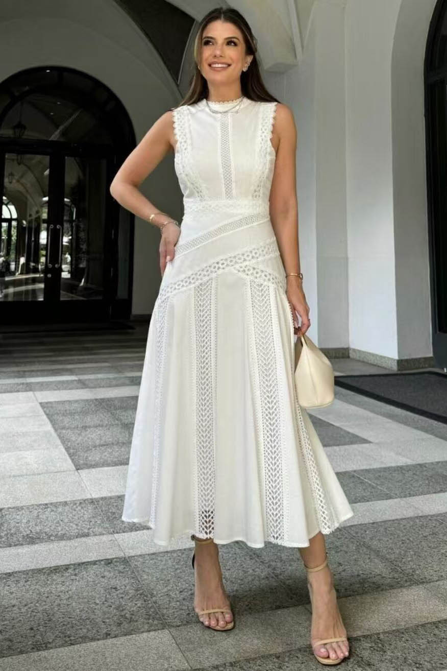 French Lace-Trimmed Sleeveless Maxi Dress