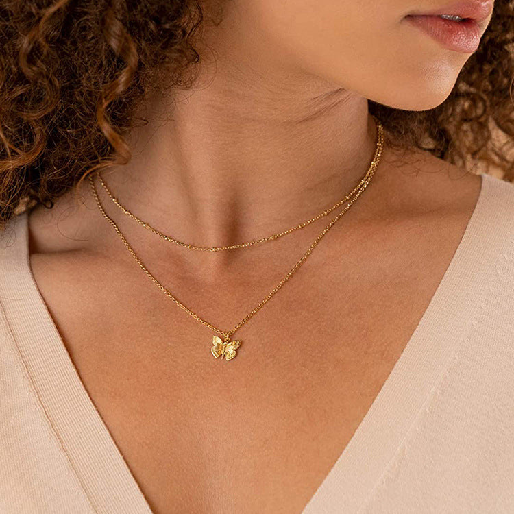 Women’s Layered Necklace – Delicate Chains – Adjustable Length – Butterfly Pendant