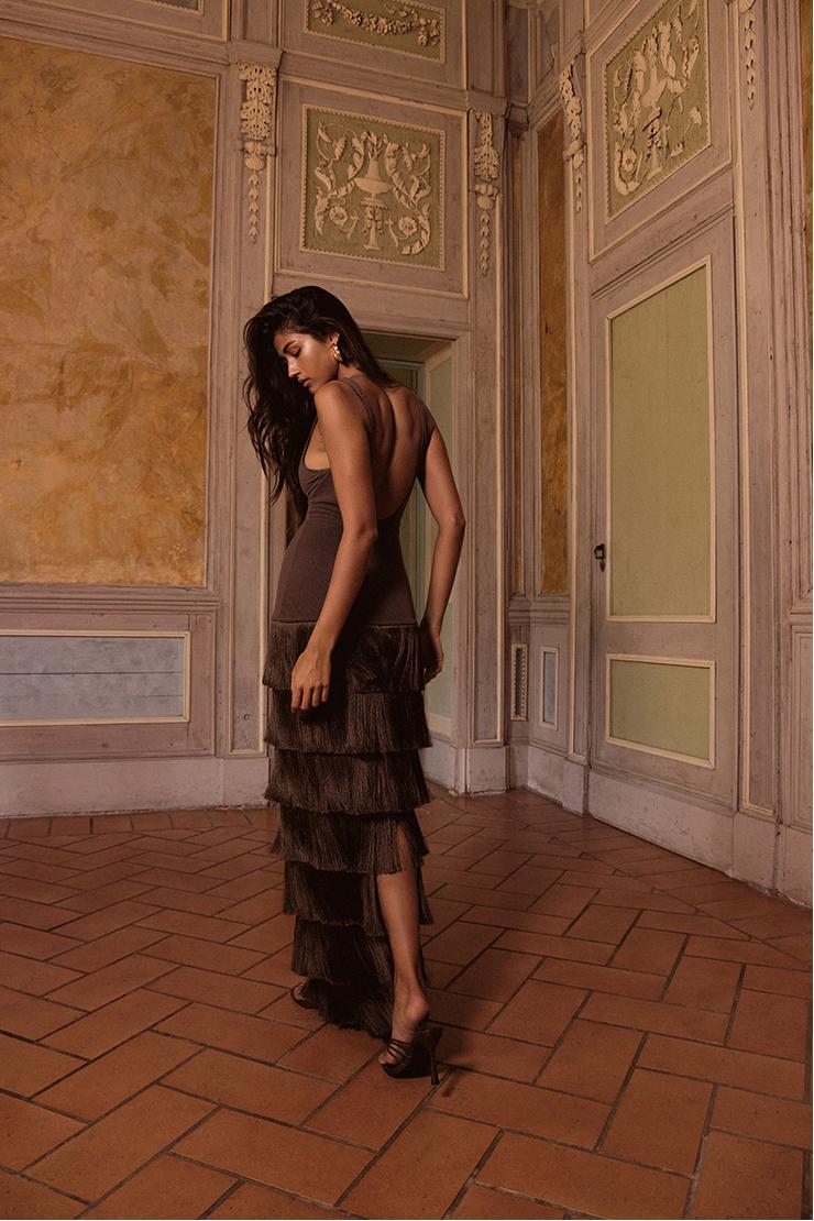 Dark Chocolate Mesh Fringe Maxi Dress