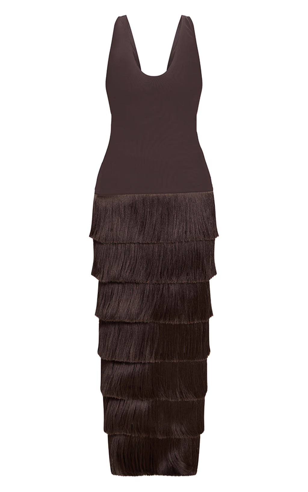 Dark Chocolate Mesh Fringe Maxi Dress