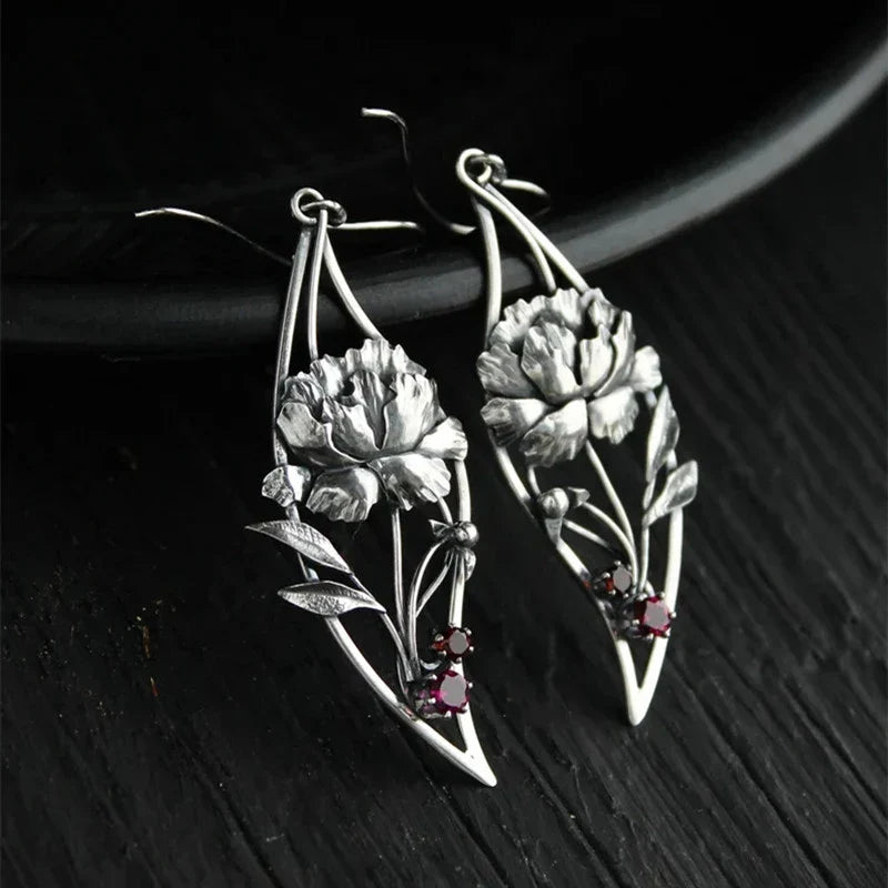 Women's Earrings - Sterling Silver Floral Design - Gemstone Accents - Elegant Drop Style