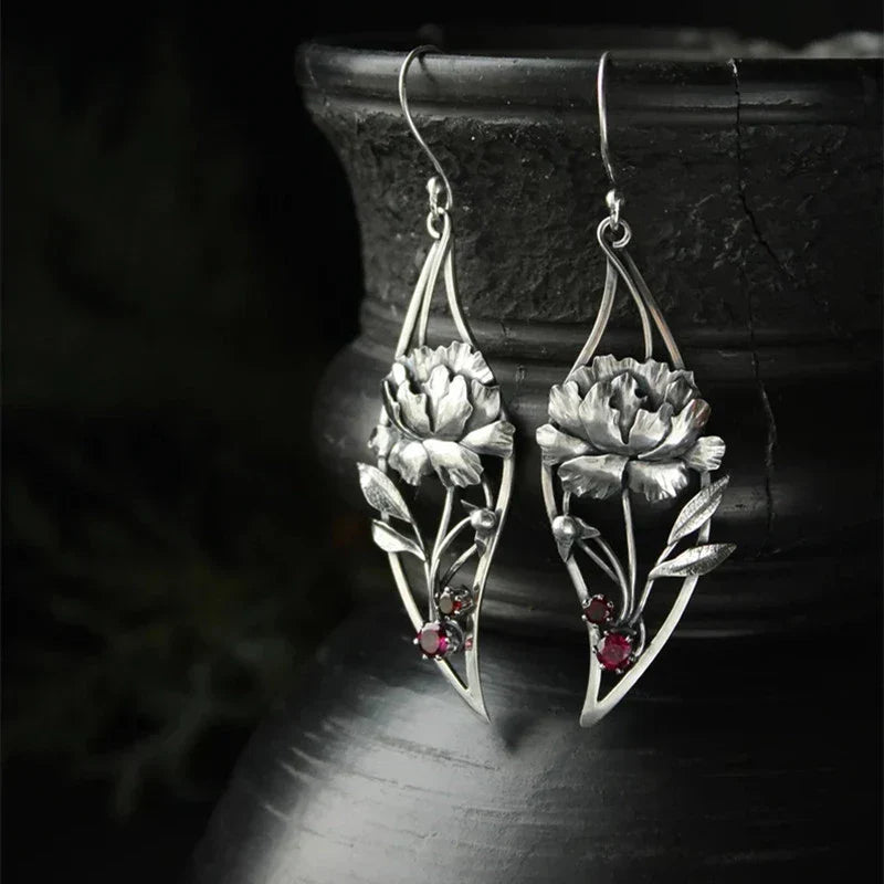 Women's Earrings - Sterling Silver Floral Design - Gemstone Accents - Elegant Drop Style