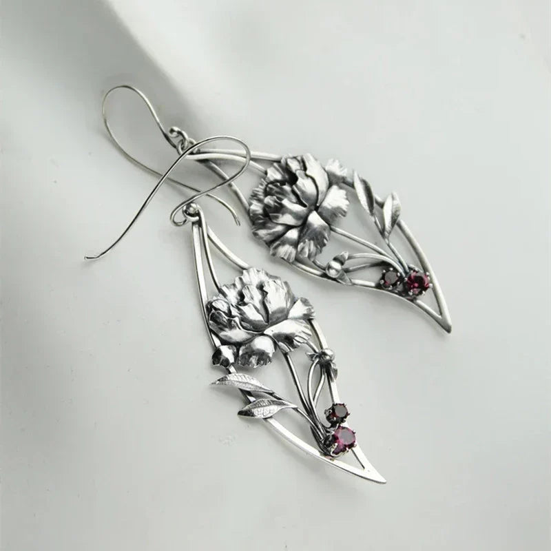Women's Earrings - Sterling Silver Floral Design - Gemstone Accents - Elegant Drop Style