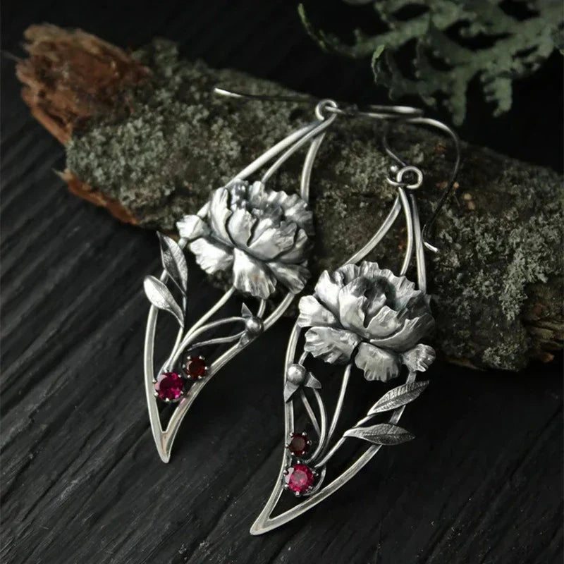 Women's Earrings - Sterling Silver Floral Design - Gemstone Accents - Elegant Drop Style