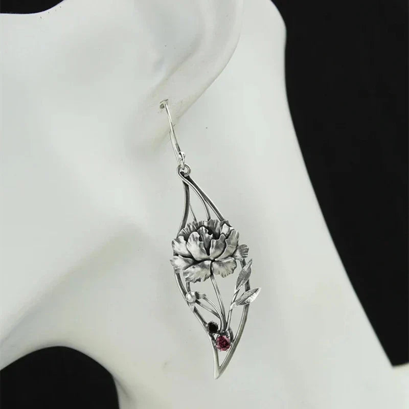 Women's Earrings - Sterling Silver Floral Design - Gemstone Accents - Elegant Drop Style