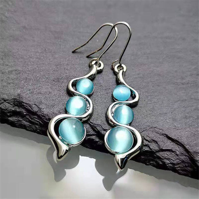 Women's Dangle Earrings - Wave Design - Glossy Gemstone Accents - Hook Fastening