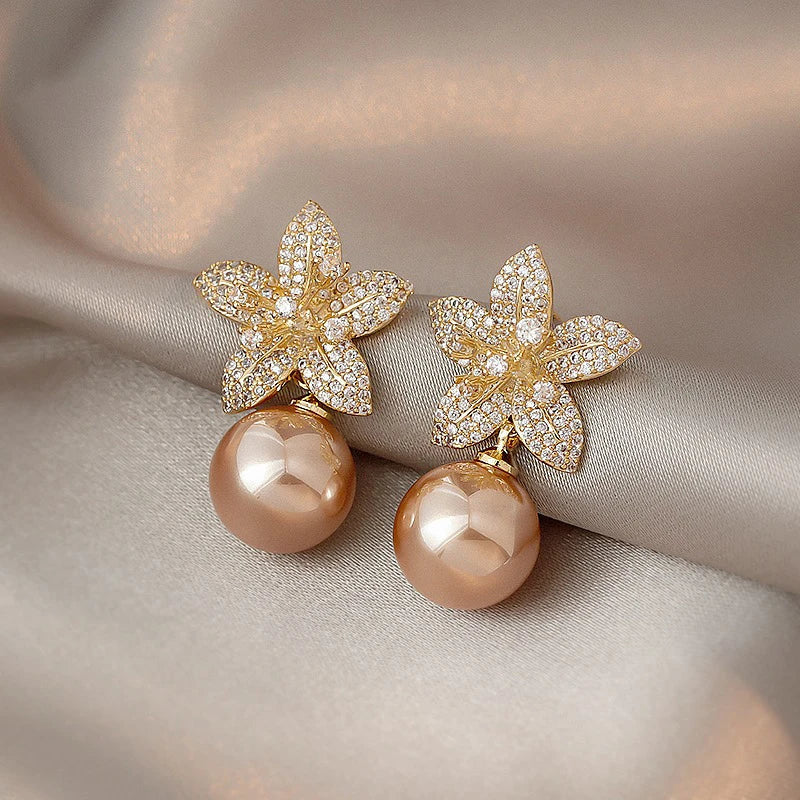 Women’s Drop Earrings - Floral Design - Sparkling Stones - Elegant Dangle Style
