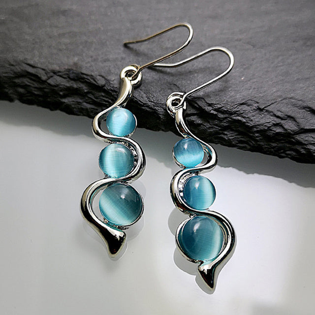 Women's Dangle Earrings - Wave Design - Glossy Gemstone Accents - Hook Fastening